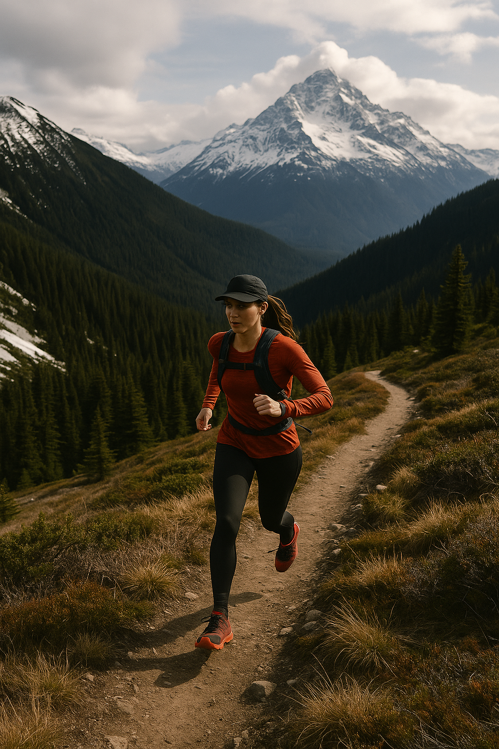 Trail running in mountain terrain with snow